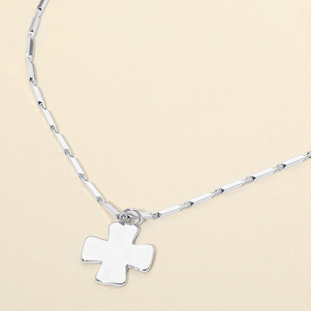 Hammered Metal Cross Pendant Bar Link Chain Necklace
