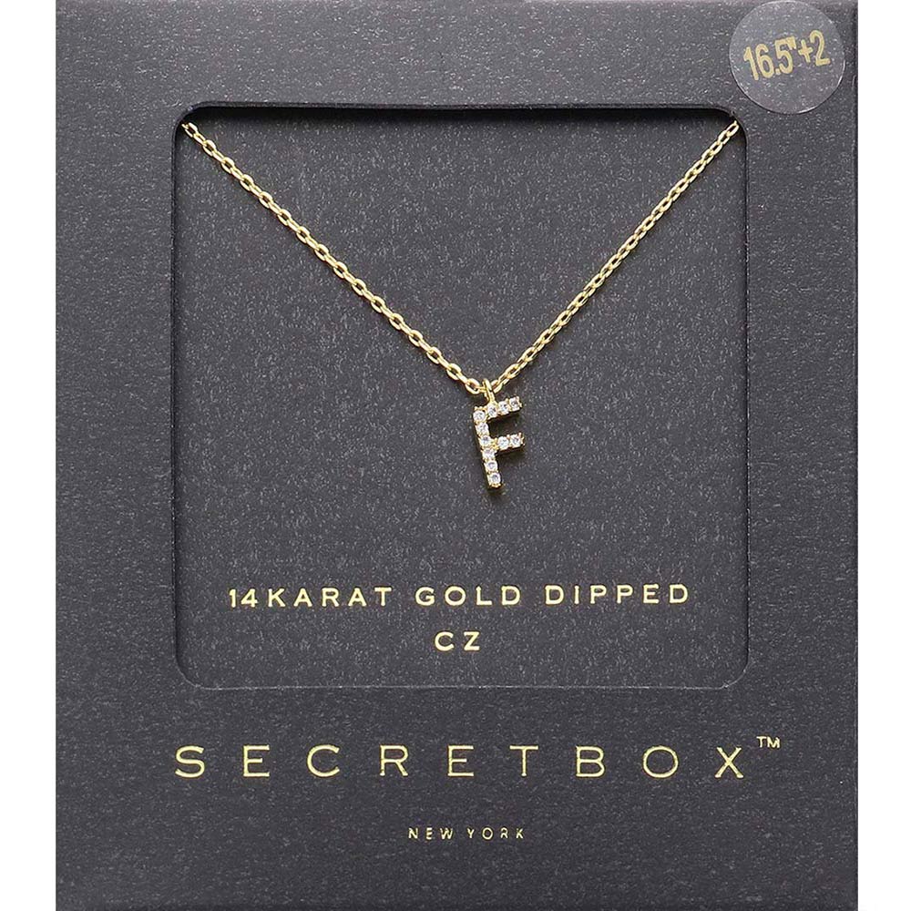 -F- Secret Box _ 14K Gold Dipped CZ Initial Monogram Pendant Necklace
