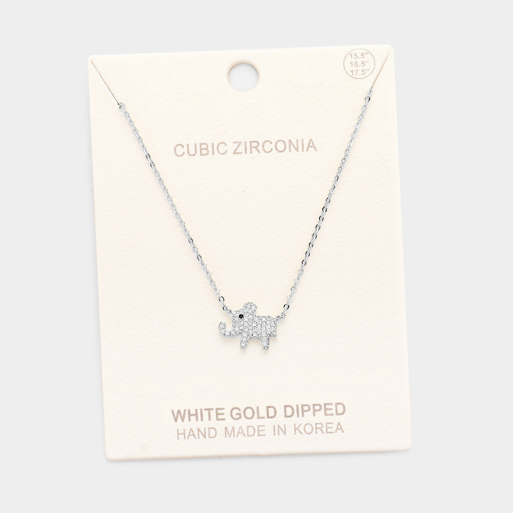 White Gold Dipped Cubic Zirconia Elephant Pendant Necklace