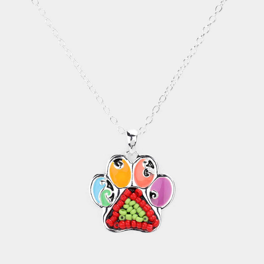 Seed Bead Embellished Paw Pendant Necklace