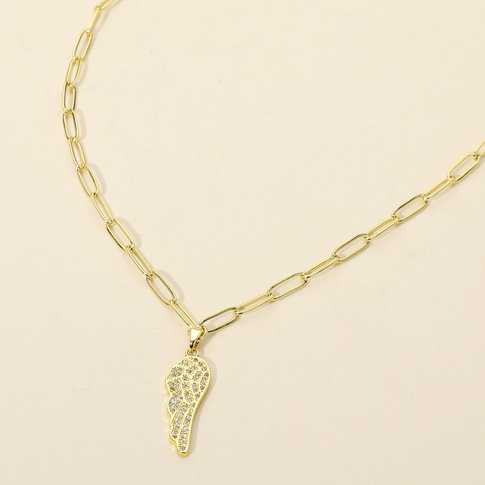 Stainless Steel CZ Stone Paved Angel Wing Pendant Paperclip Chain Necklace