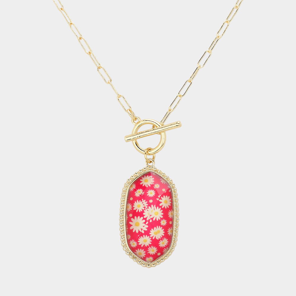 Daisy Flower Patterned Hexagon Pendant Toggle Necklace