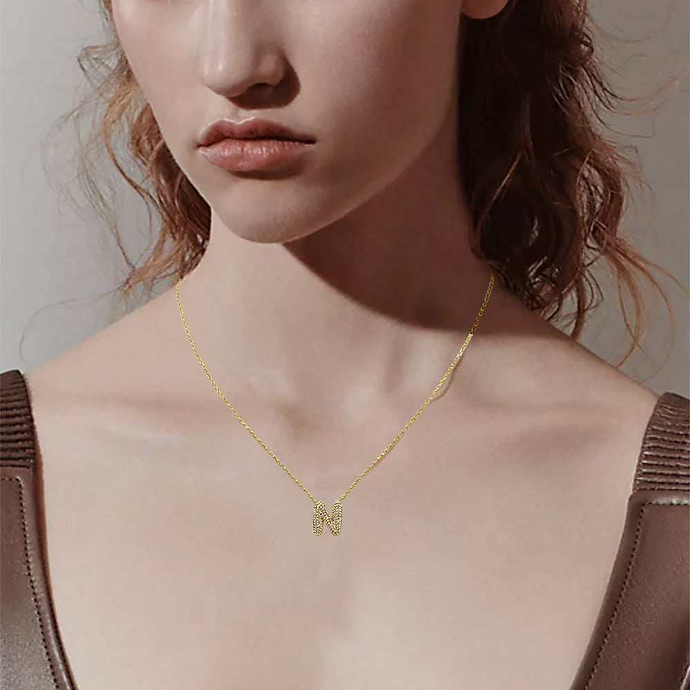 -N- 14K Gold Dipped CZ Stone Paved Initial Monogram Pendant Necklace