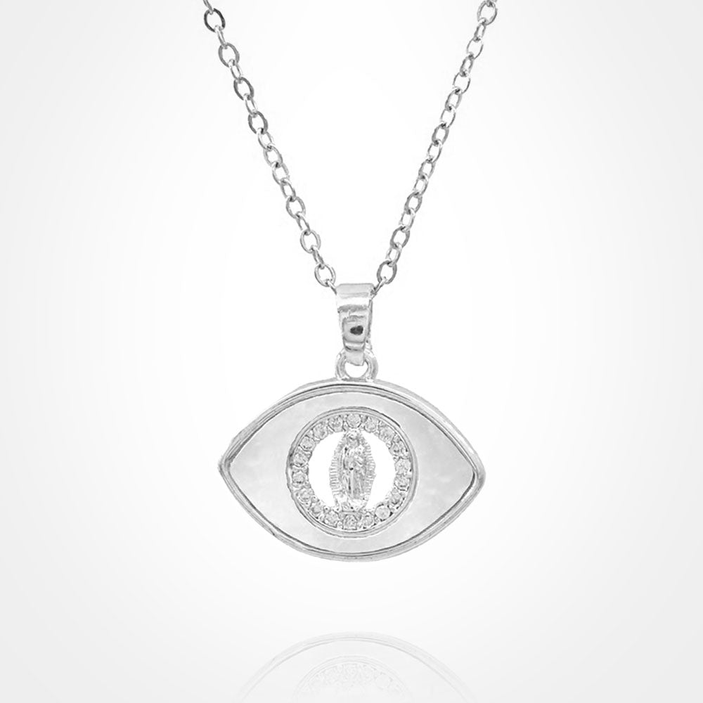 Stainless Steel Mother of Pearl CZ Stone Rim Virgin Mary Accent Evil Eye Pendant Necklace