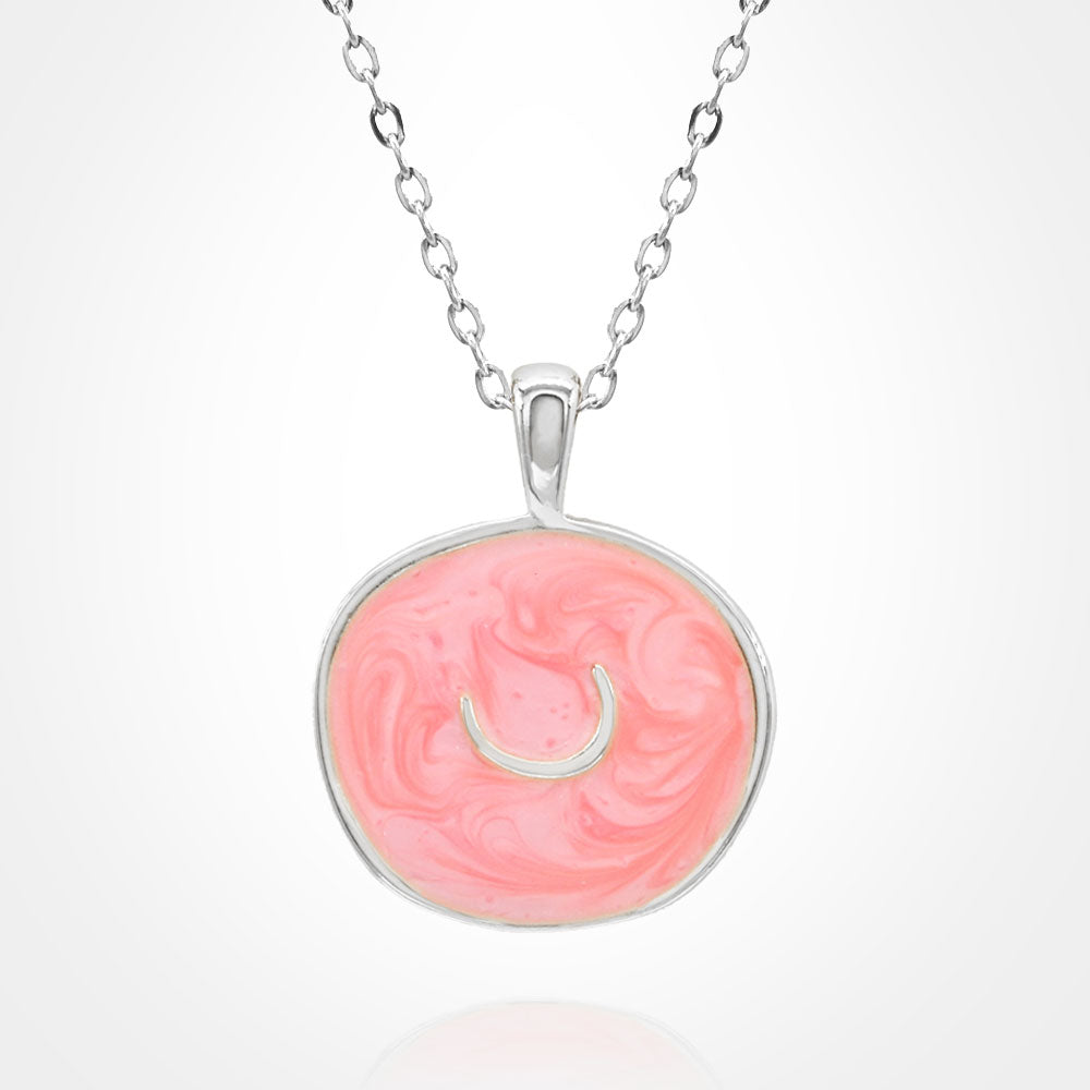 Stainless Steel Swirl Enamel Tilted Crescent Embossed Pendant Necklace