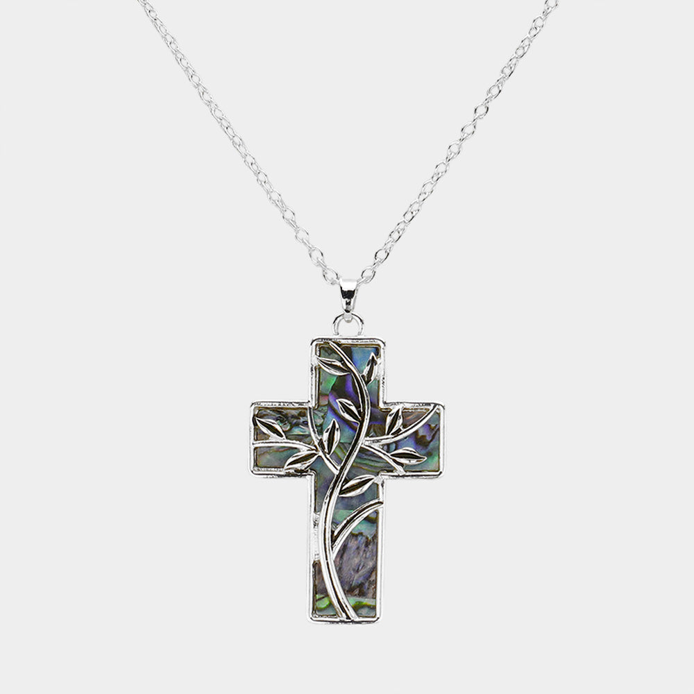 Leaf Vine Pointed Abalone Cross Pendant Necklace