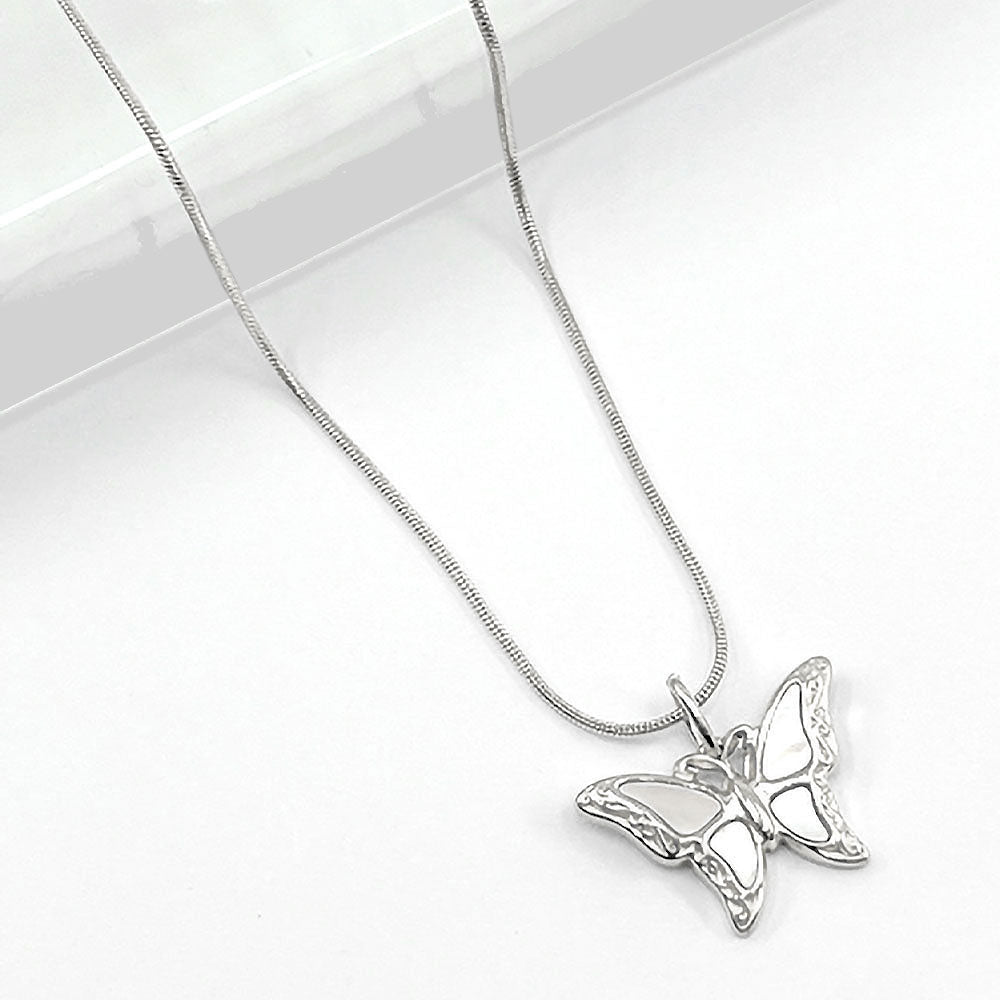 Stainless Steel Mother of Pearl Butterfly Pendant Necklace