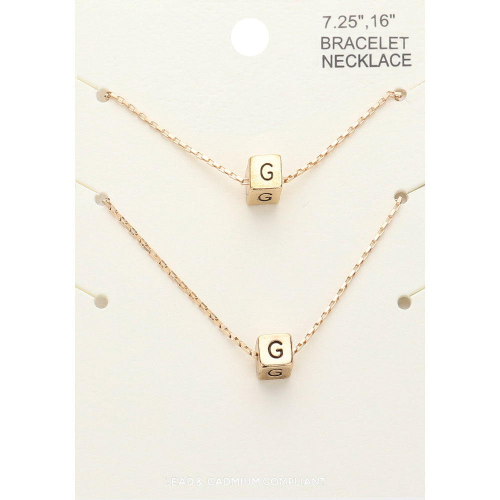 2PCS - -G- Initial Monogram Metal Cube Pendant Necklace / Bracelet Set