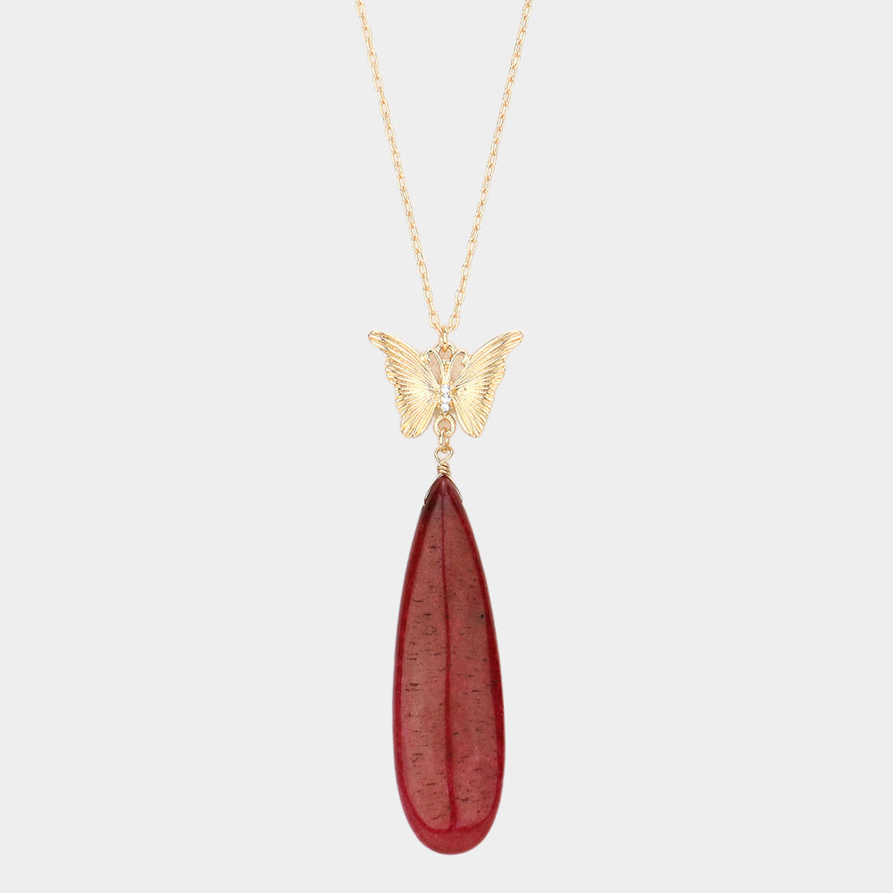 Butterfly Natural Stone Teardrop Link Pendant Long Necklace