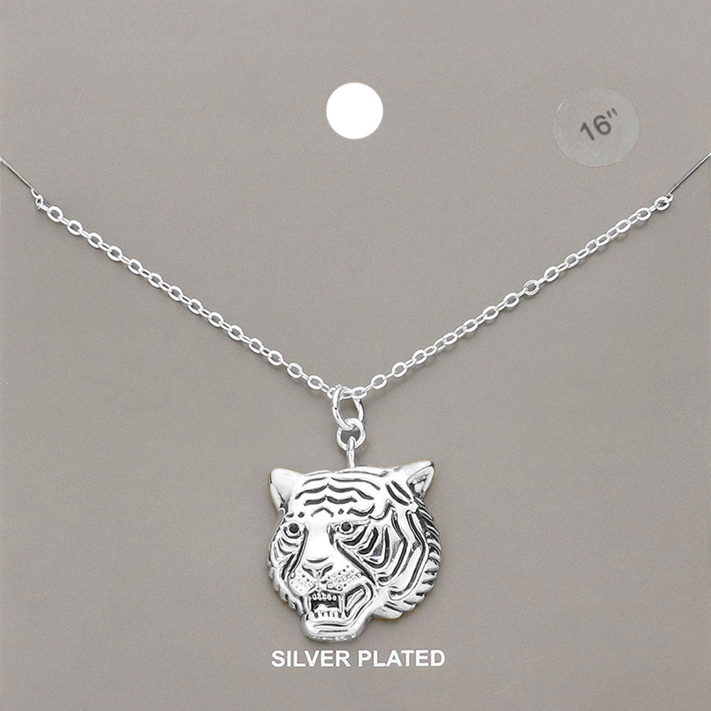 Silver Plated Metal Tiger Pendant Necklace