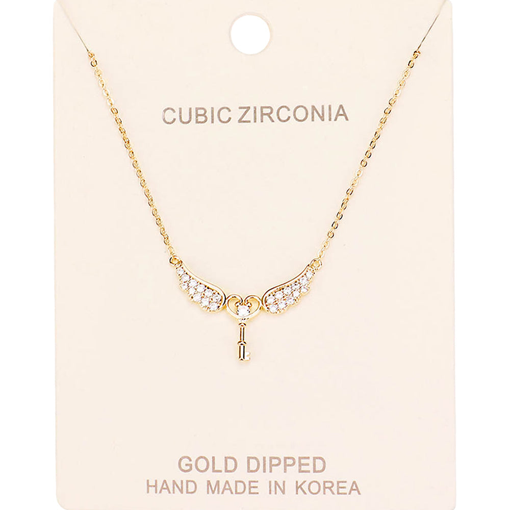 Gold Dipped CZ Angel Wings Key Pendant Necklace