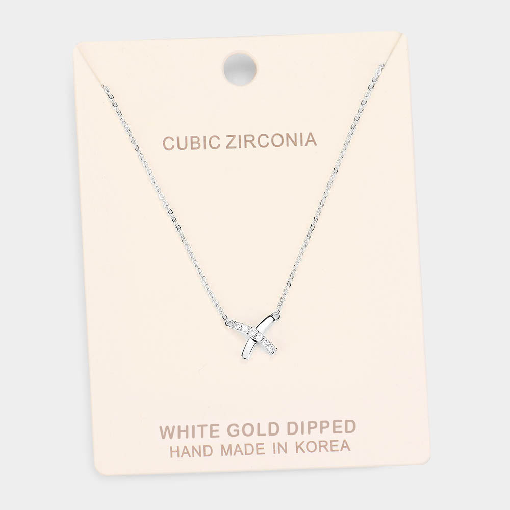 White Gold Dipped Cubic Zirconia Crisscross Pendant Necklace