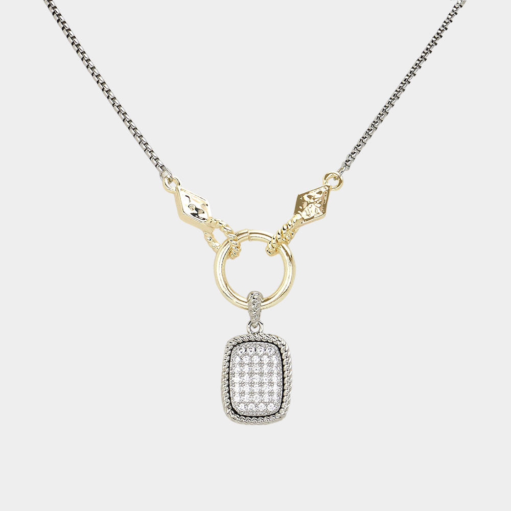 14K Gold Plated Two Tone CZ Stone Paved Rectangle Pendant Necklace