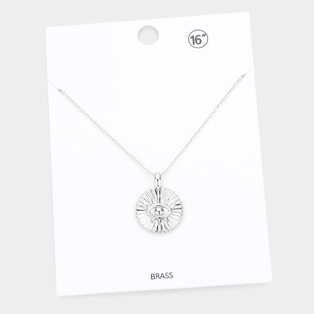 Evil Eye Accented Textured Brass Metal Round Pendant Necklace