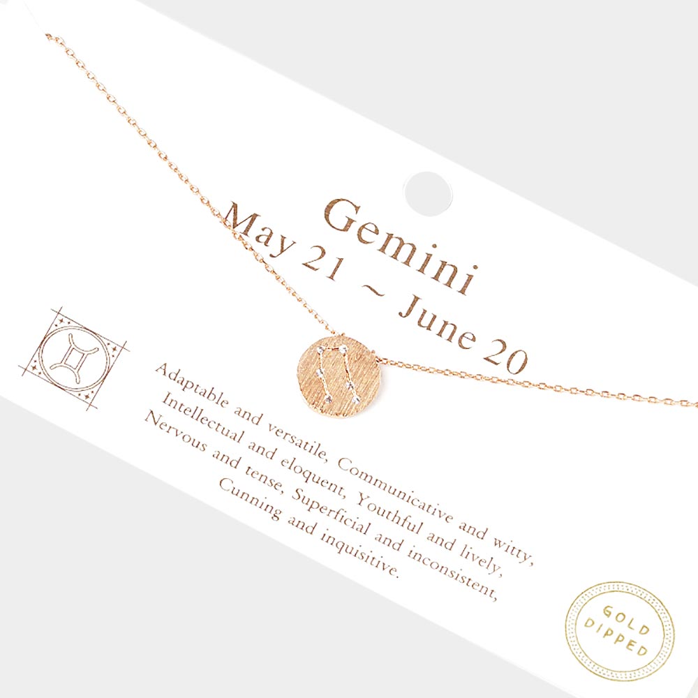 Gemini Gold Dipped CZ Zodiac Sign Metal Disc Pendant Necklace