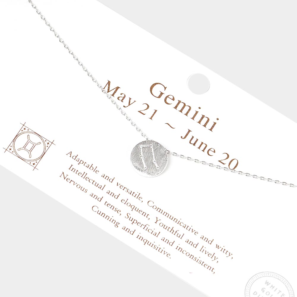Gemini White Gold Dipped CZ Zodiac Sign Metal Disc Pendant Necklace