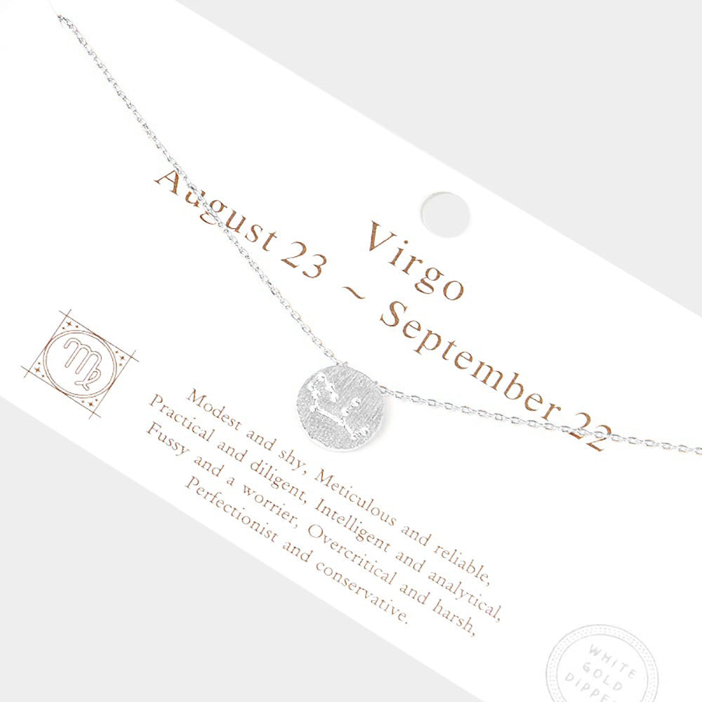 Virgo Gold Dipped CZ Zodiac Sign Metal Disc Pendant Necklace