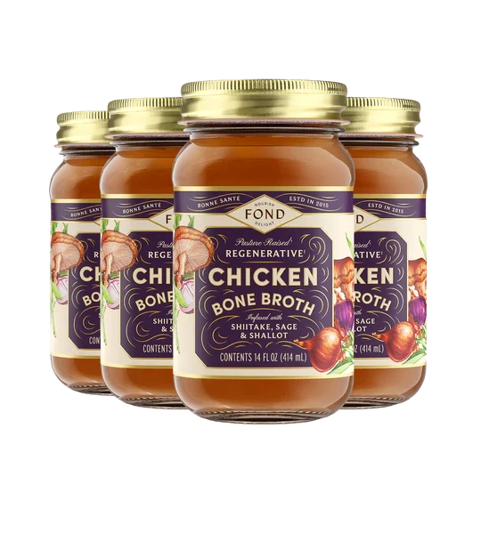 Fond Regenerative Chicken Bone Broth with Shiitake, Sage & Shallot, Case of 4, 14 Fl Oz Each.