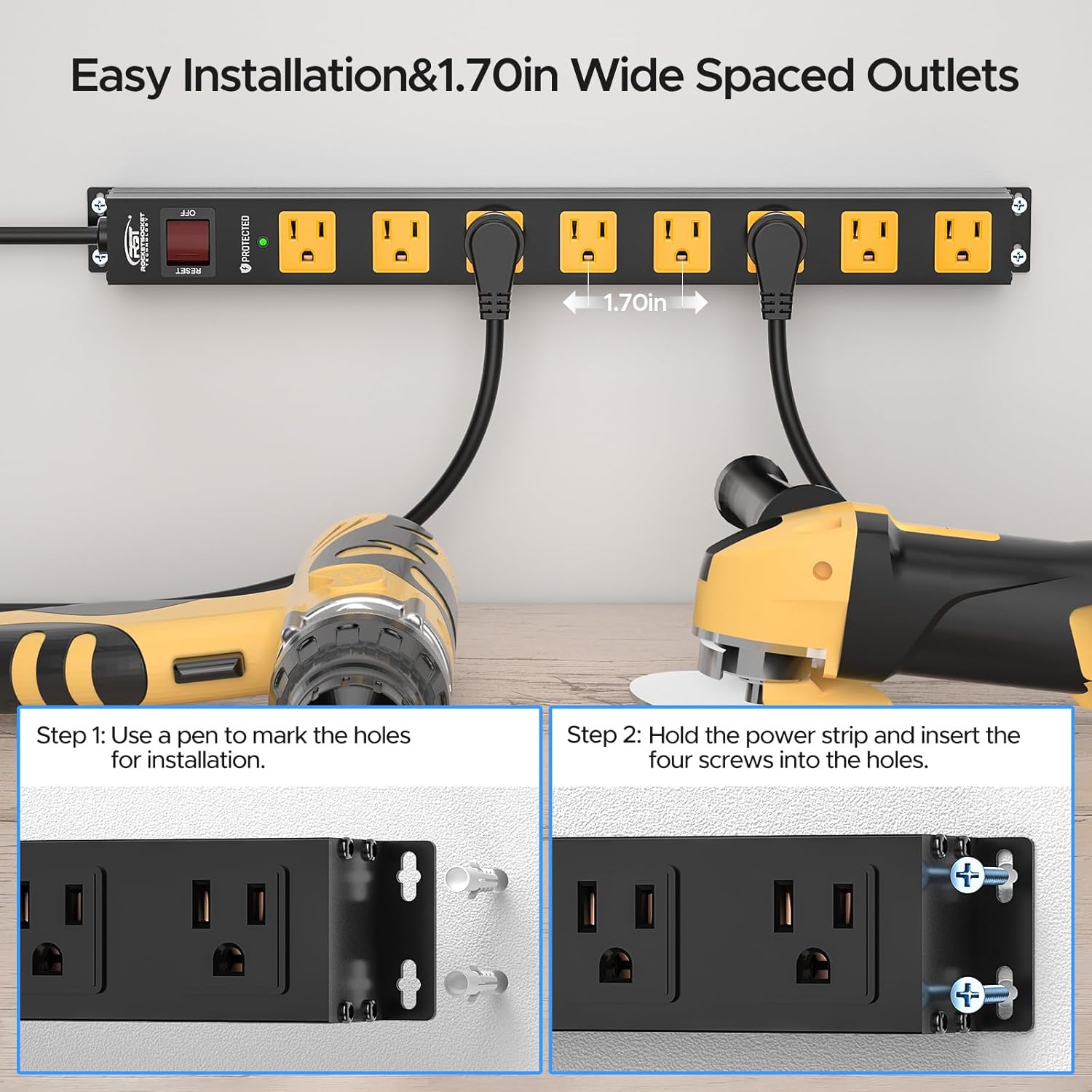 CRST 2-Pack 8-Outlet Heavy Duty Metal Power Strip, 2100J Surge, Mountable, SGS Certified