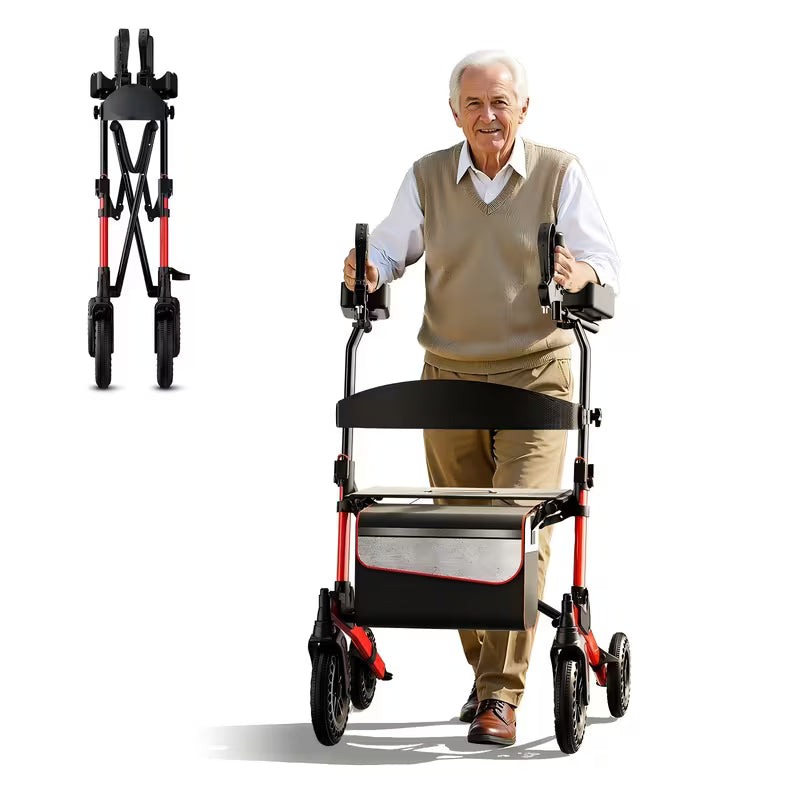 Adjustable Height Four-Wheel Walker with Enlarged Shopping Basket & Seat - Heavy-Duty Lightweight Folding Mobility Aid