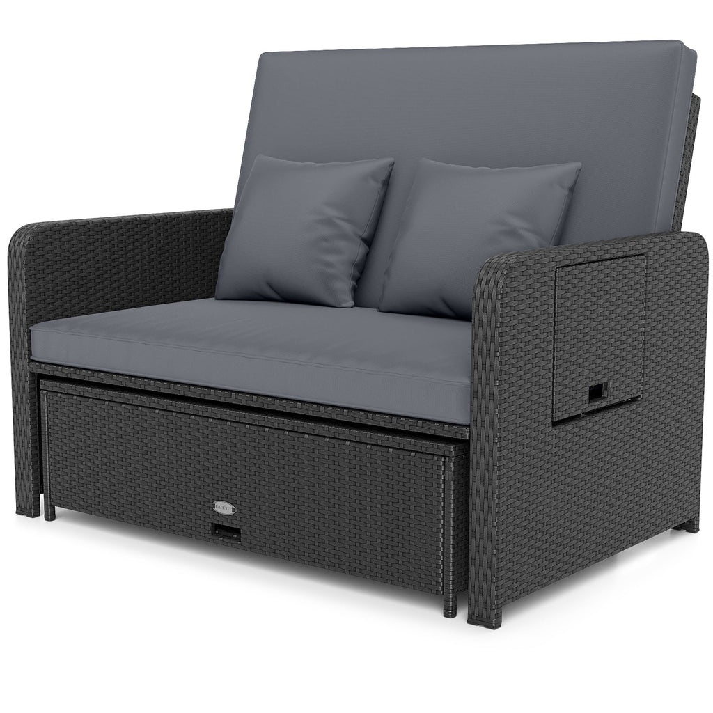 PE Wicker Outdoor Daybed with 4-Level Adjustable Backrest and Storage Ottoman