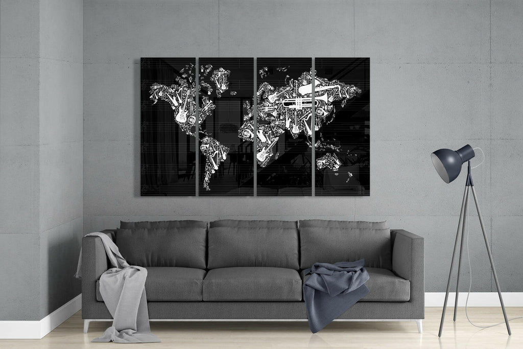 Musical Instruments World Map Glass Wall Art