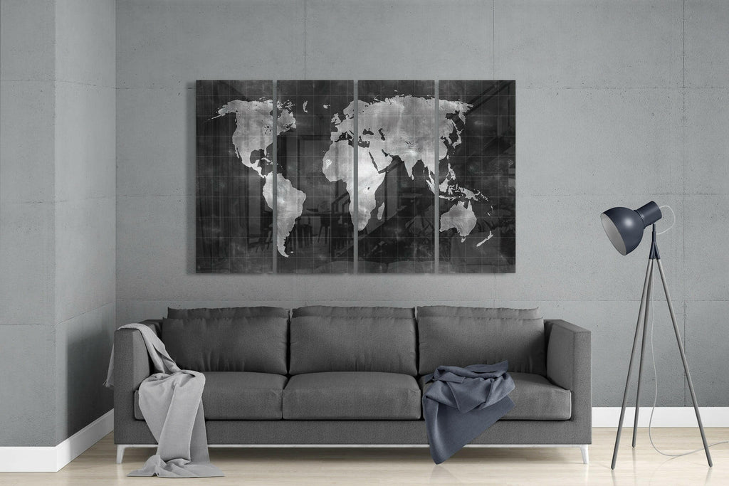 Chalkboard Silver World Map Glass Wall Art