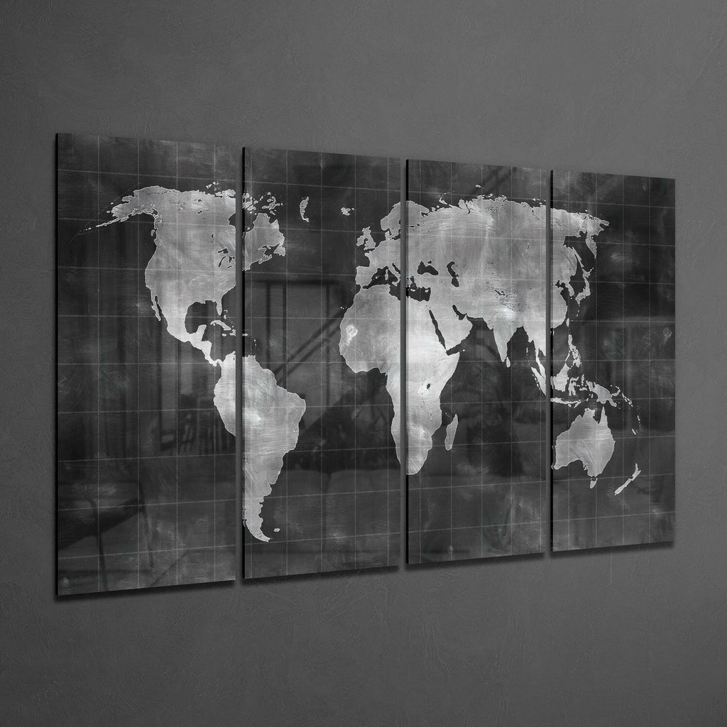 Chalkboard Silver World Map Glass Wall Art