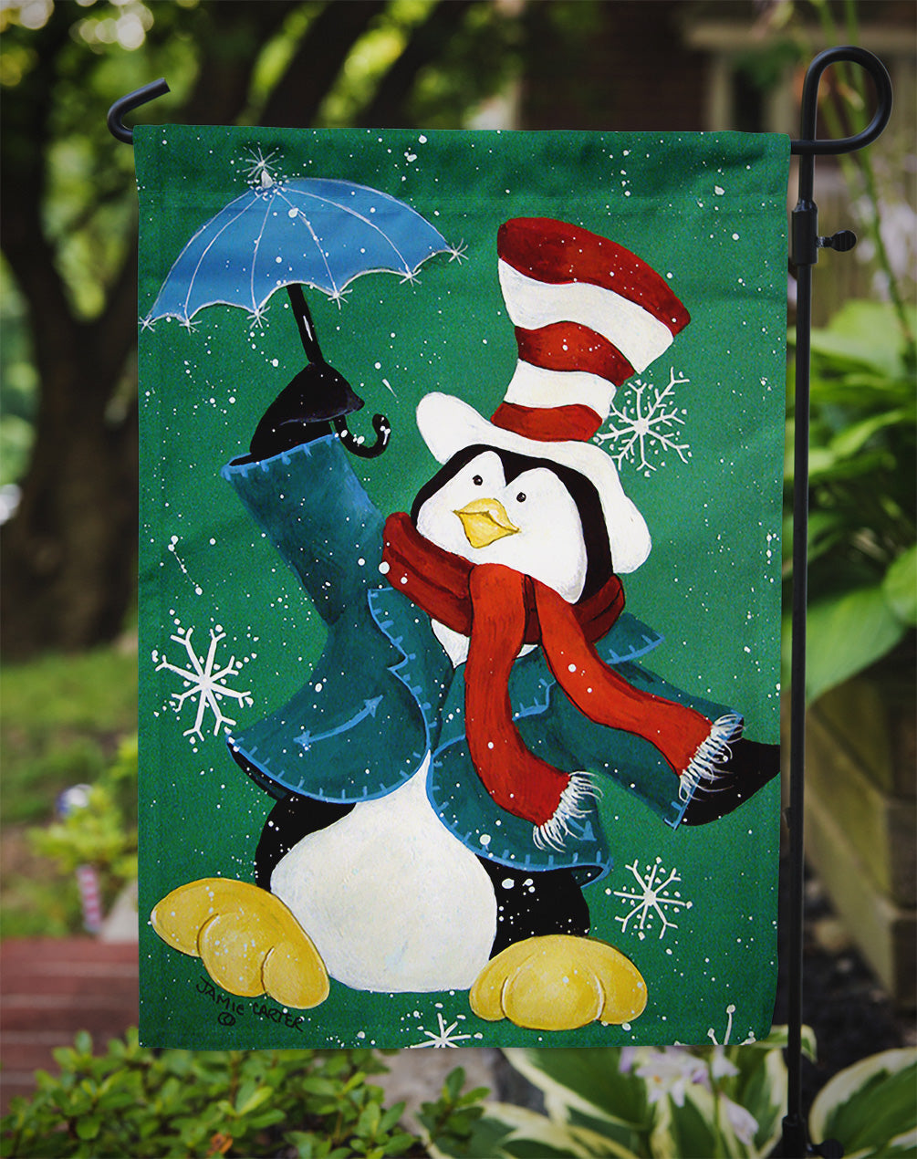 Just Dropping In To Say Hello Christmas Penguin Garden Flag Mailbox Decorative Yard Banner Outside Patio Artwork for Flower Beds, Garden Size, Multicolor