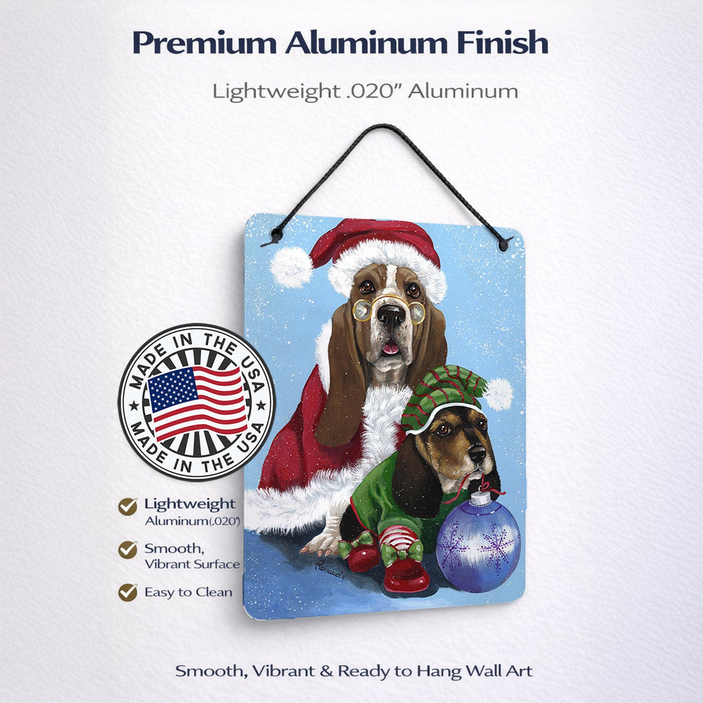 Basset Hound Santa Christmas Wall or Door Hanging Prints Aluminum Metal Sign Kitchen Wall Bar Bathroom Plaque Home Decor Front Door Plaque, 12x16, Multicolor