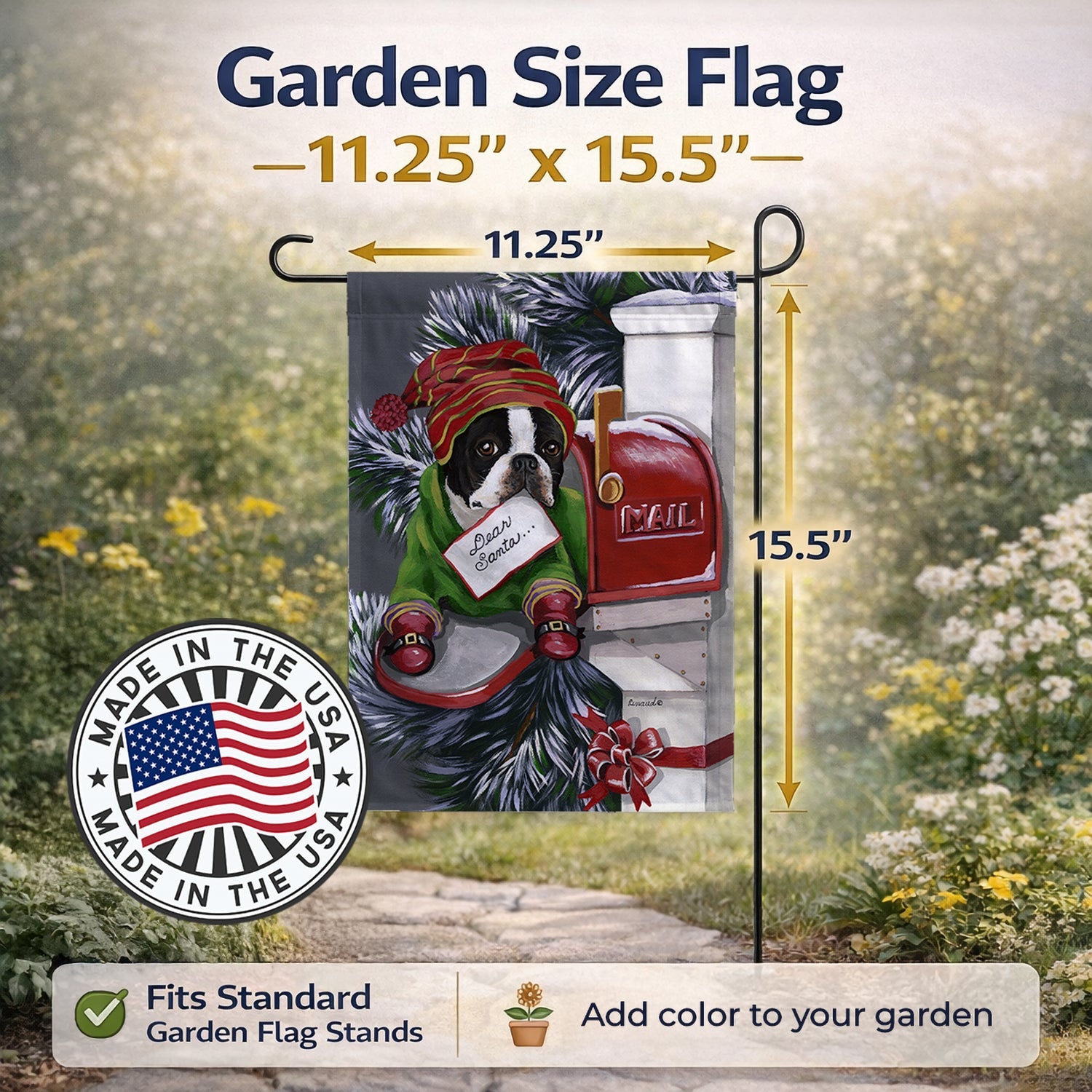 Boston Terrier Letter to Santa Christmas Garden Flag Mailbox Decorative Yard Banner Outside Patio Artwork for Flower Beds, Garden Size, Multicolor