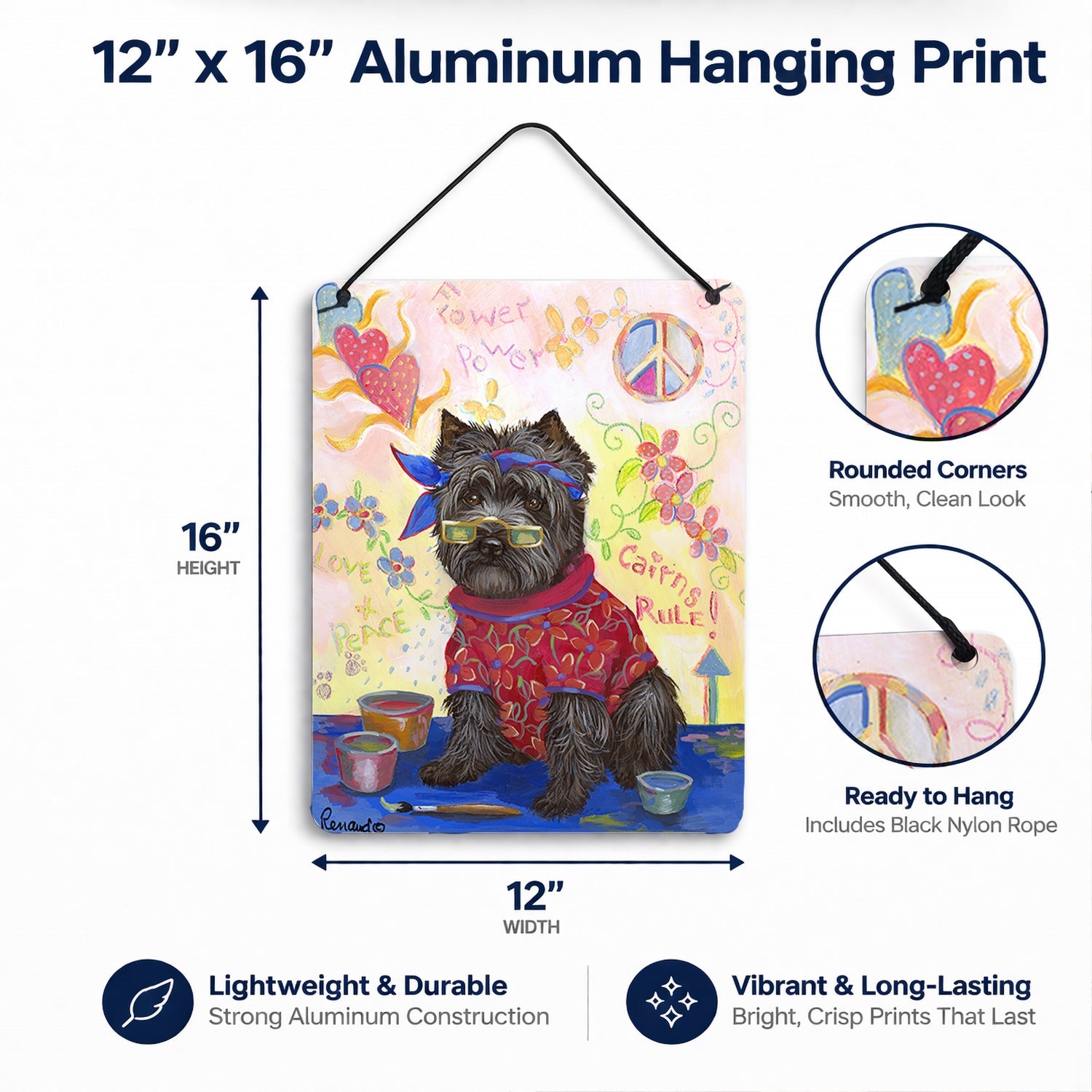 Cairn Terrier Hippie Dippie Wall or Door Hanging Prints Aluminum Metal Sign Kitchen Wall Bar Bathroom Plaque Home Decor Front Door Plaque, 12x16, Multicolor