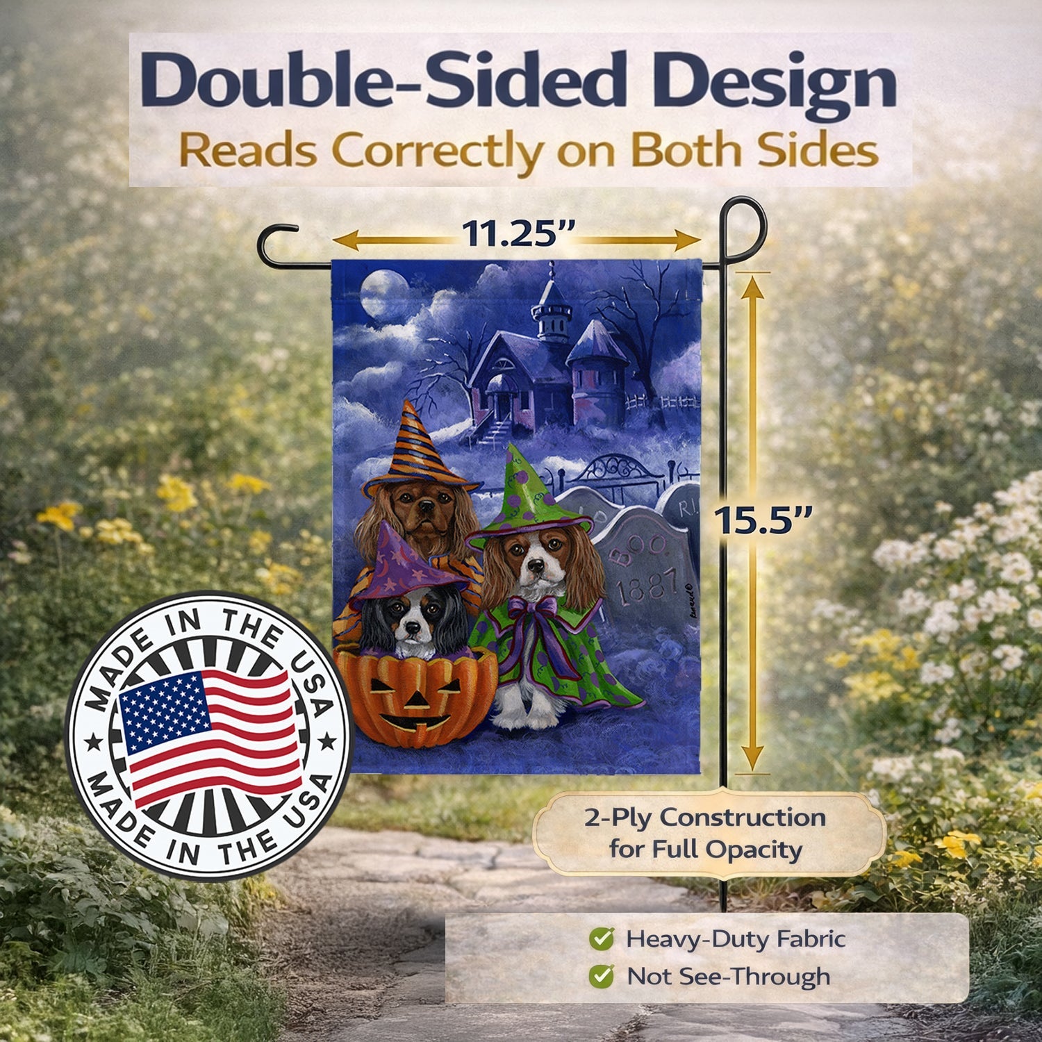 Cavalier Spaniel Halloween House Garden Flag Mailbox Decorative Yard Banner Outside Patio Artwork for Flower Beds, Garden Size, Multicolor