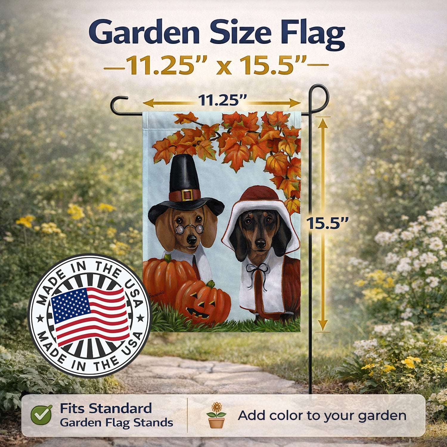 Dachshund Thanksgiving Pilgrims Garden Flag Mailbox Decorative Yard Banner Outside Patio Artwork for Flower Beds, Garden Size, Multicolor