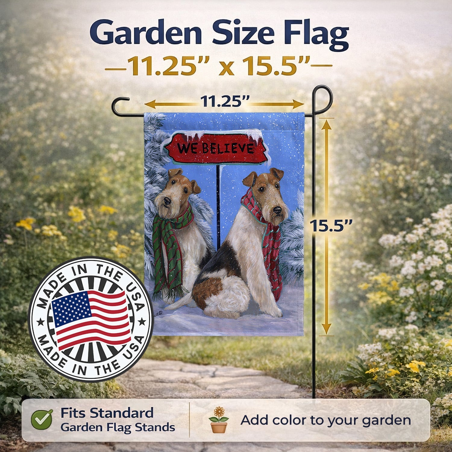 Fox Terrier Christmas We Believe Garden Flag Mailbox Decorative Yard Banner Outside Patio Artwork for Flower Beds, Garden Size, Multicolor