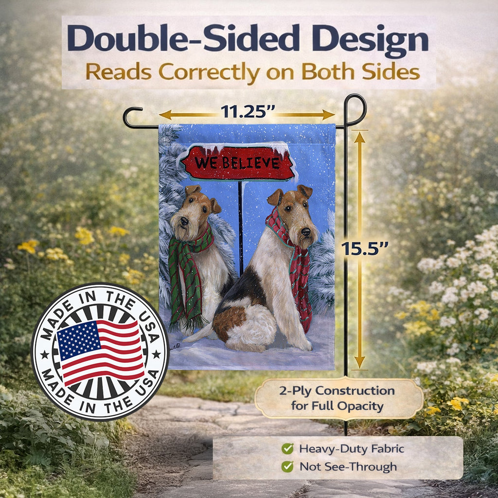 Fox Terrier Christmas We Believe Garden Flag Mailbox Decorative Yard Banner Outside Patio Artwork for Flower Beds, Garden Size, Multicolor