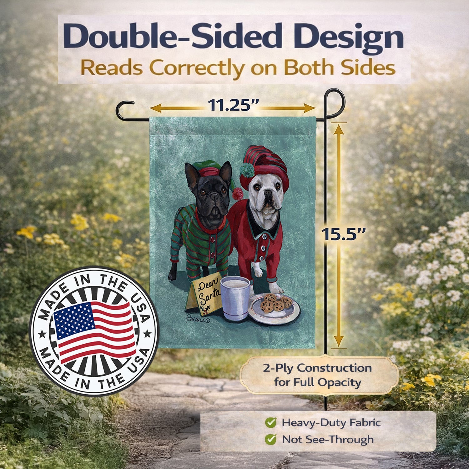 French Bulldog Christmas PJs Garden Flag Mailbox Decorative Yard Banner Outside Patio Artwork for Flower Beds, Garden Size, Multicolor