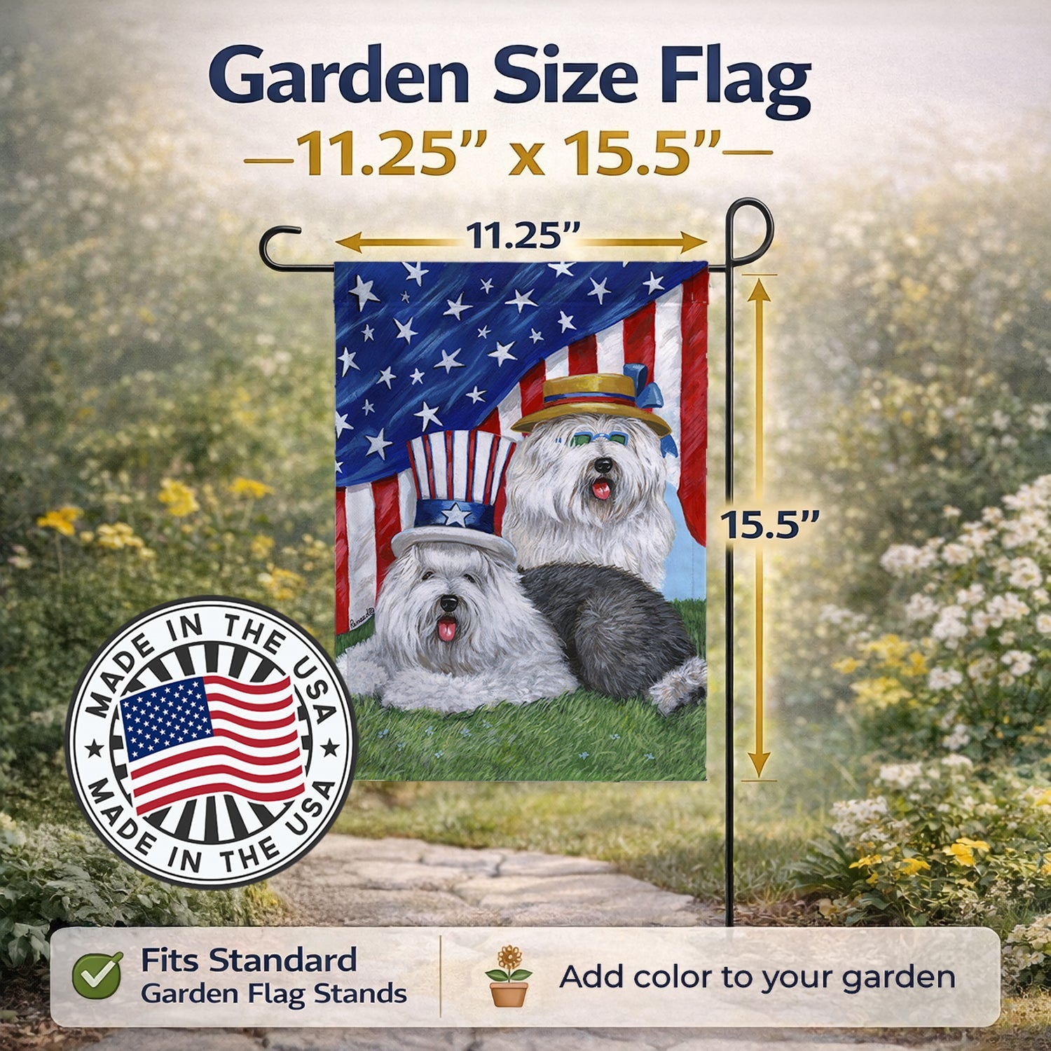 Old English Sheepdog USA Garden Flag Mailbox Decorative Yard Banner Outside Patio Artwork for Flower Beds, Garden Size, Multicolor