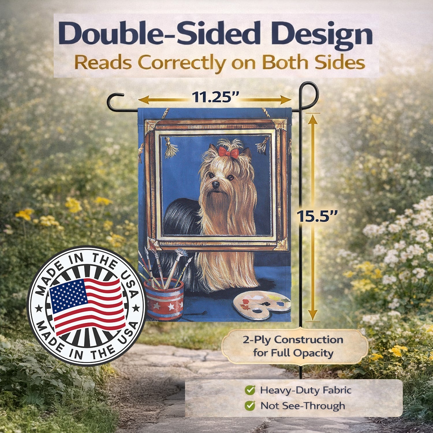 Yorkie Pretty as a Picture Garden Flag Mailbox Decorative Yard Banner Outside Patio Artwork for Flower Beds, Garden Size, Multicolor
