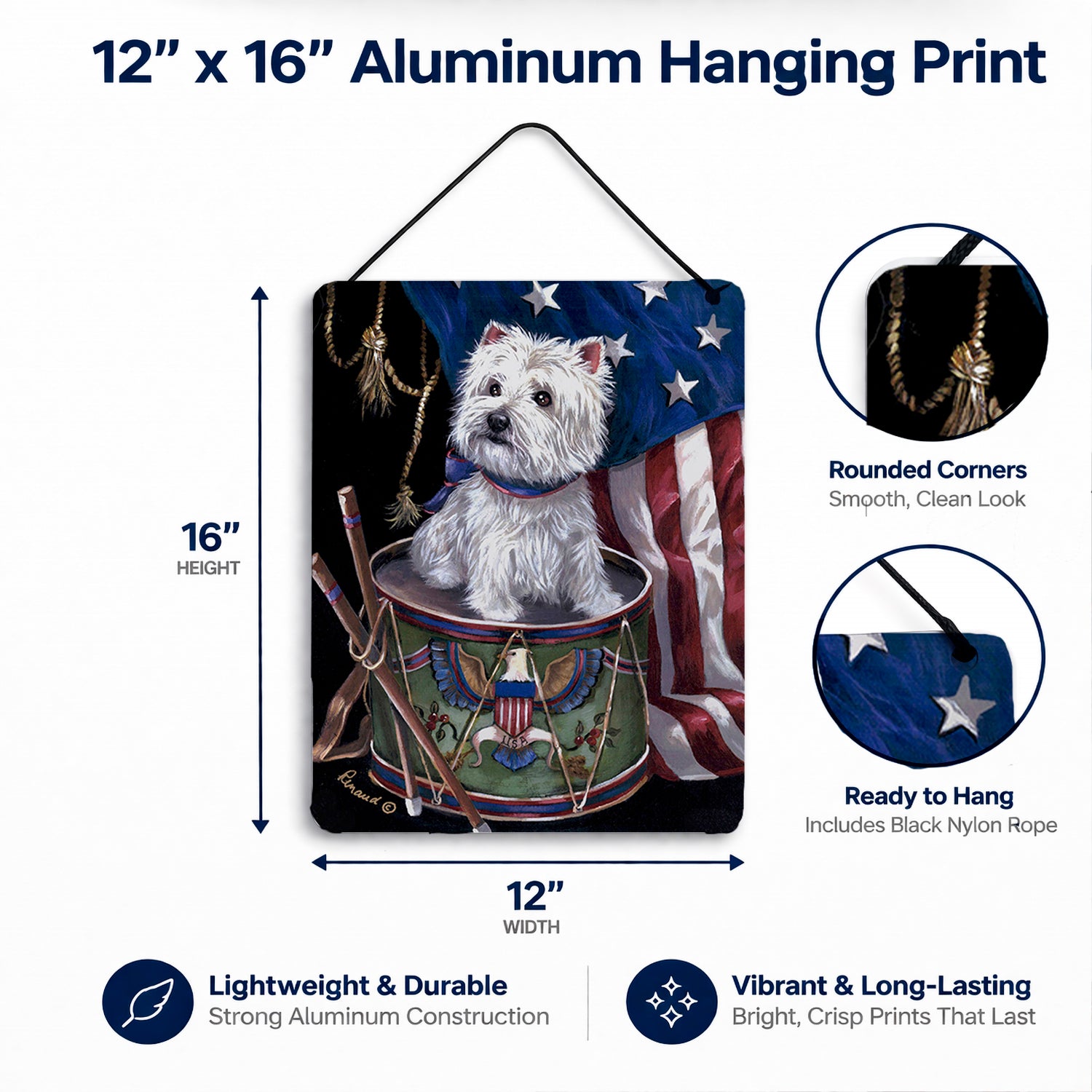 Westie Little Drummer Boy USA Wall or Door Hanging Prints Aluminum Metal Sign Kitchen Wall Bar Bathroom Plaque Home Decor Front Door Plaque, 12x16, Multicolor