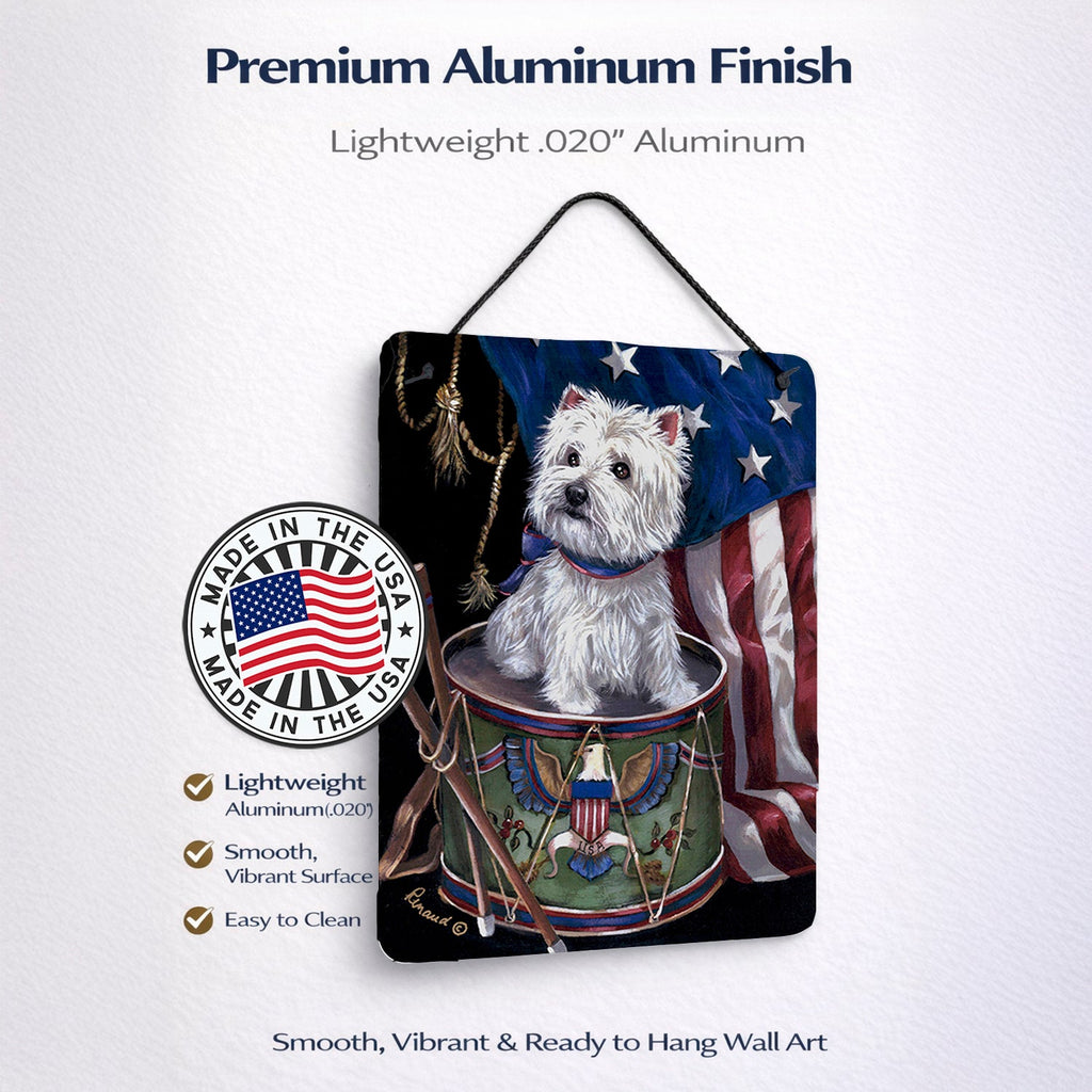 Westie Little Drummer Boy USA Wall or Door Hanging Prints Aluminum Metal Sign Kitchen Wall Bar Bathroom Plaque Home Decor Front Door Plaque, 12x16, Multicolor