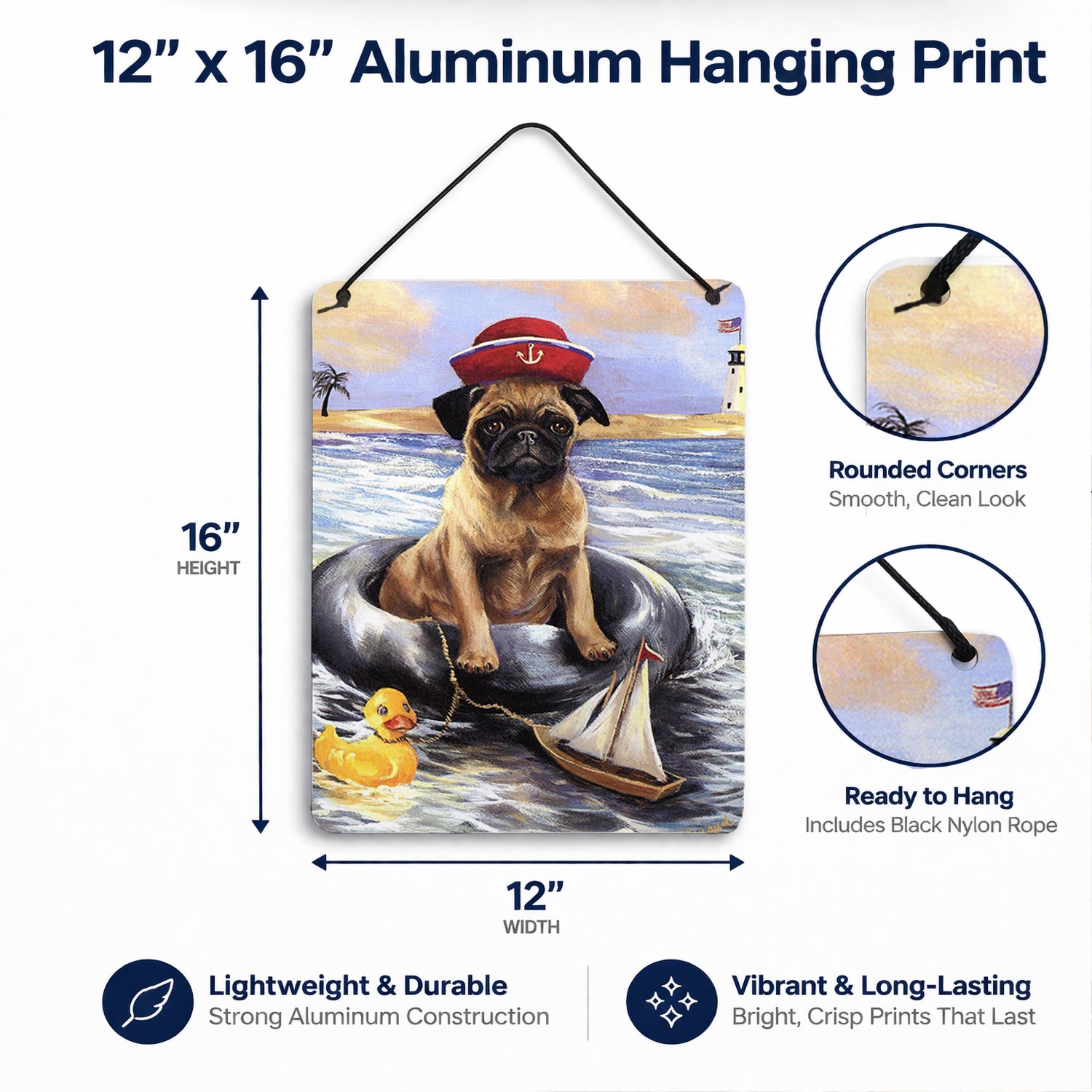 Pug Ahoy Sailor Wall or Door Hanging Prints Aluminum Metal Sign Kitchen Wall Bar Bathroom Plaque Home Decor Front Door Plaque, 12x16, Multicolor