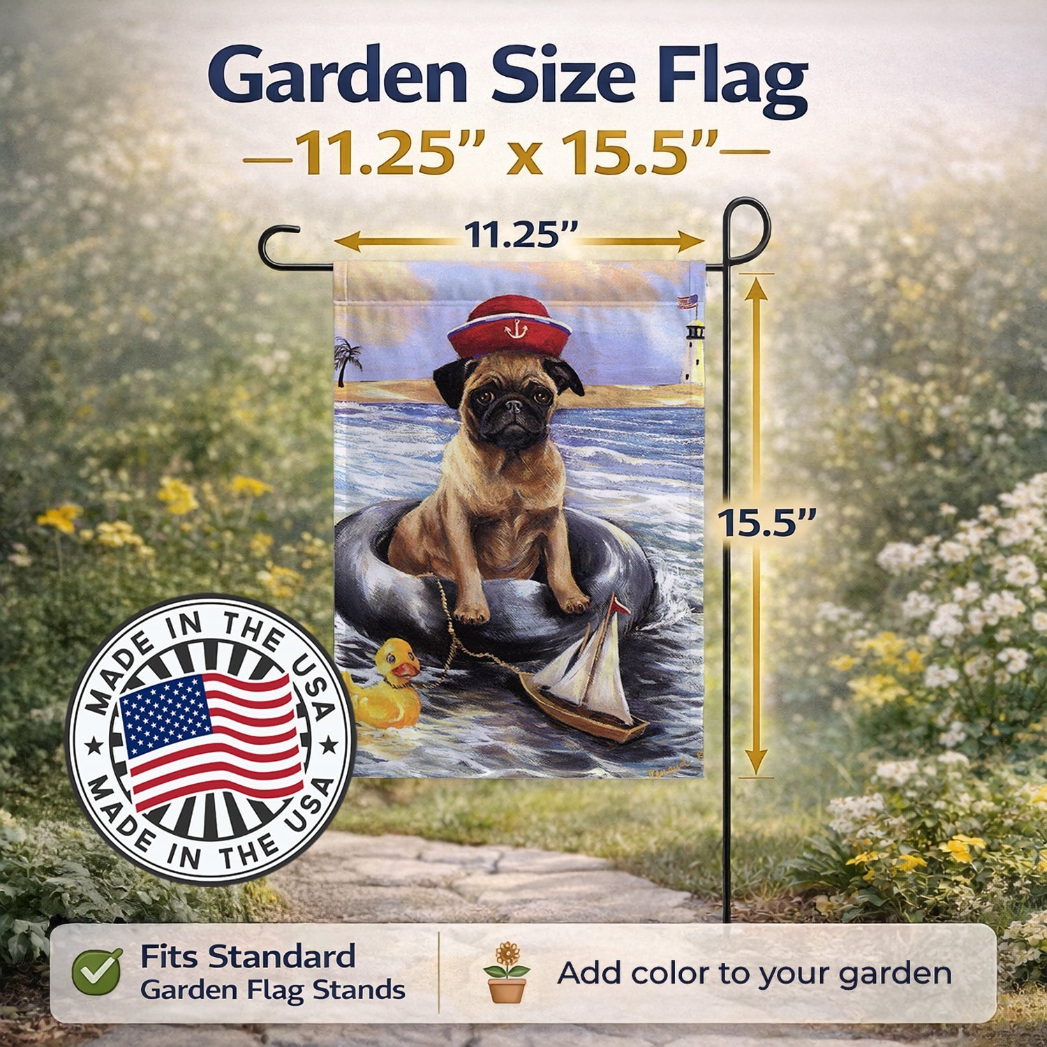 Pug Ahoy Sailor Garden Flag Mailbox Decorative Yard Banner Outside Patio Artwork for Flower Beds, Garden Size, Multicolor
