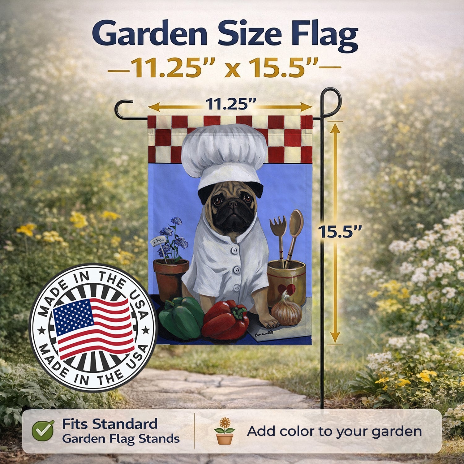 Pug Veggie Chef Garden Flag Mailbox Decorative Yard Banner Outside Patio Artwork for Flower Beds, Garden Size, Multicolor