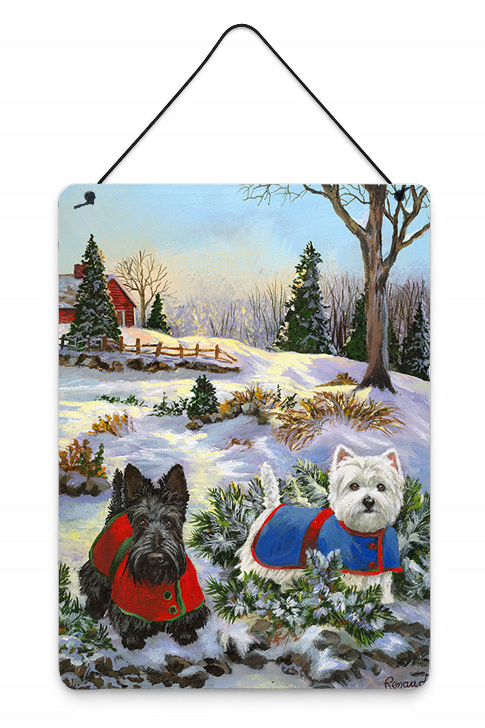 Scottie and Westie Christmas Pine Hill Wall or Door Hanging Prints Aluminum Metal Sign Kitchen Wall Bar Bathroom Plaque Home Decor Front Door Plaque, 12x16, Multicolor