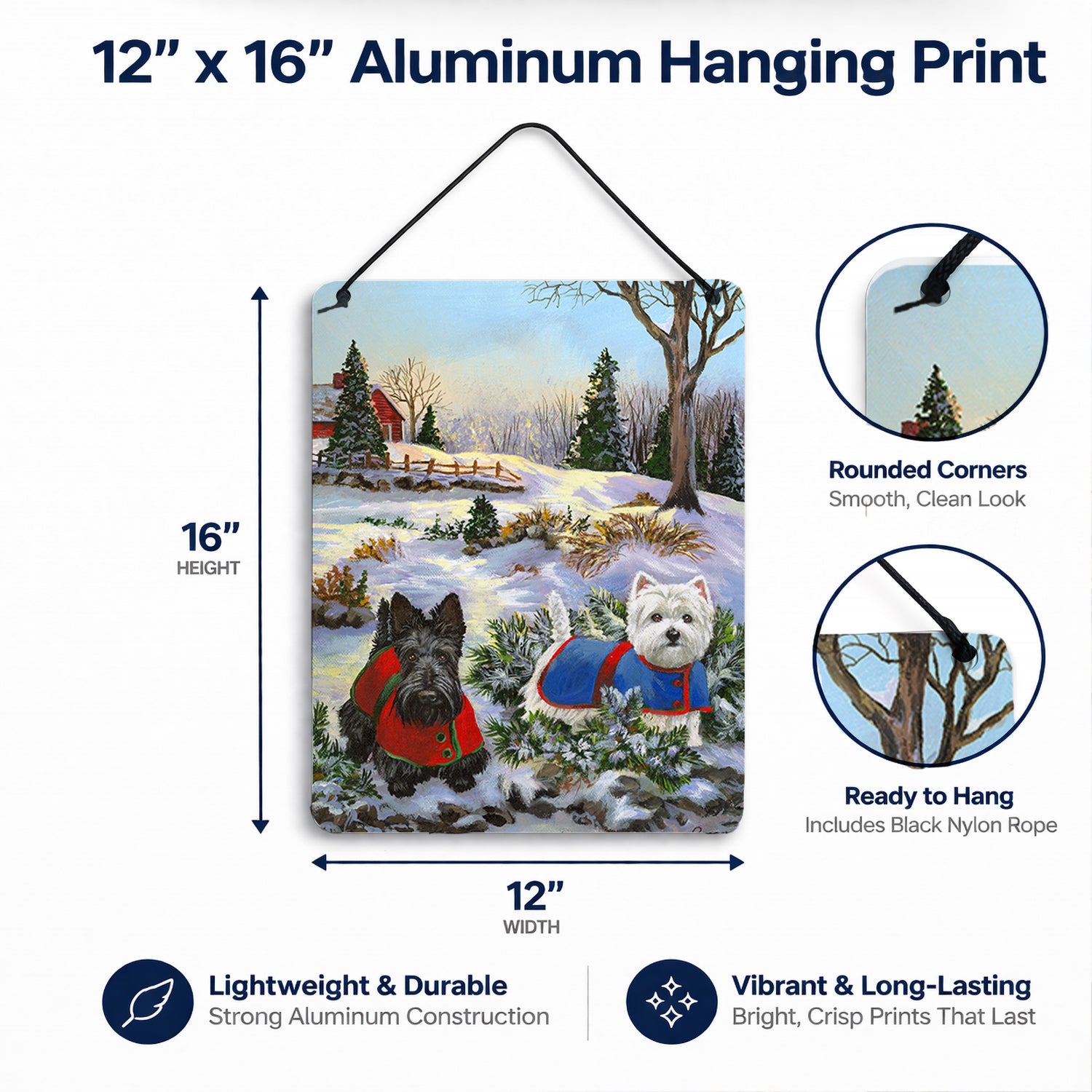 Scottie and Westie Christmas Pine Hill Wall or Door Hanging Prints Aluminum Metal Sign Kitchen Wall Bar Bathroom Plaque Home Decor Front Door Plaque, 12x16, Multicolor