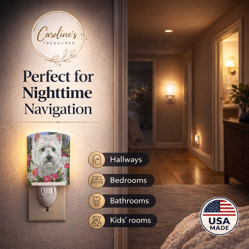 Westie Petunia Ceramic Night Light Compact, UL-Certified, Ideal for Bedroom, Bathroom, Nursery, Hallway, Kitchen, 6x4x3, Multicolor