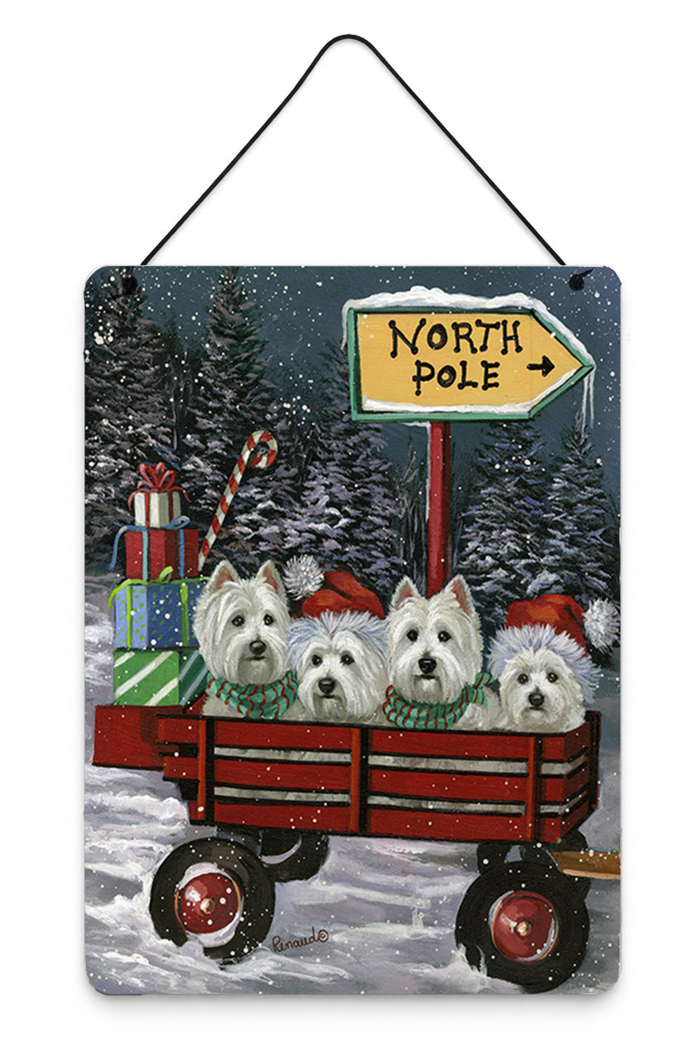 Westie Christmas Red Wagon Wall or Door Hanging Prints Aluminum Metal Sign Kitchen Wall Bar Bathroom Plaque Home Decor Front Door Plaque, 12x16, Multicolor