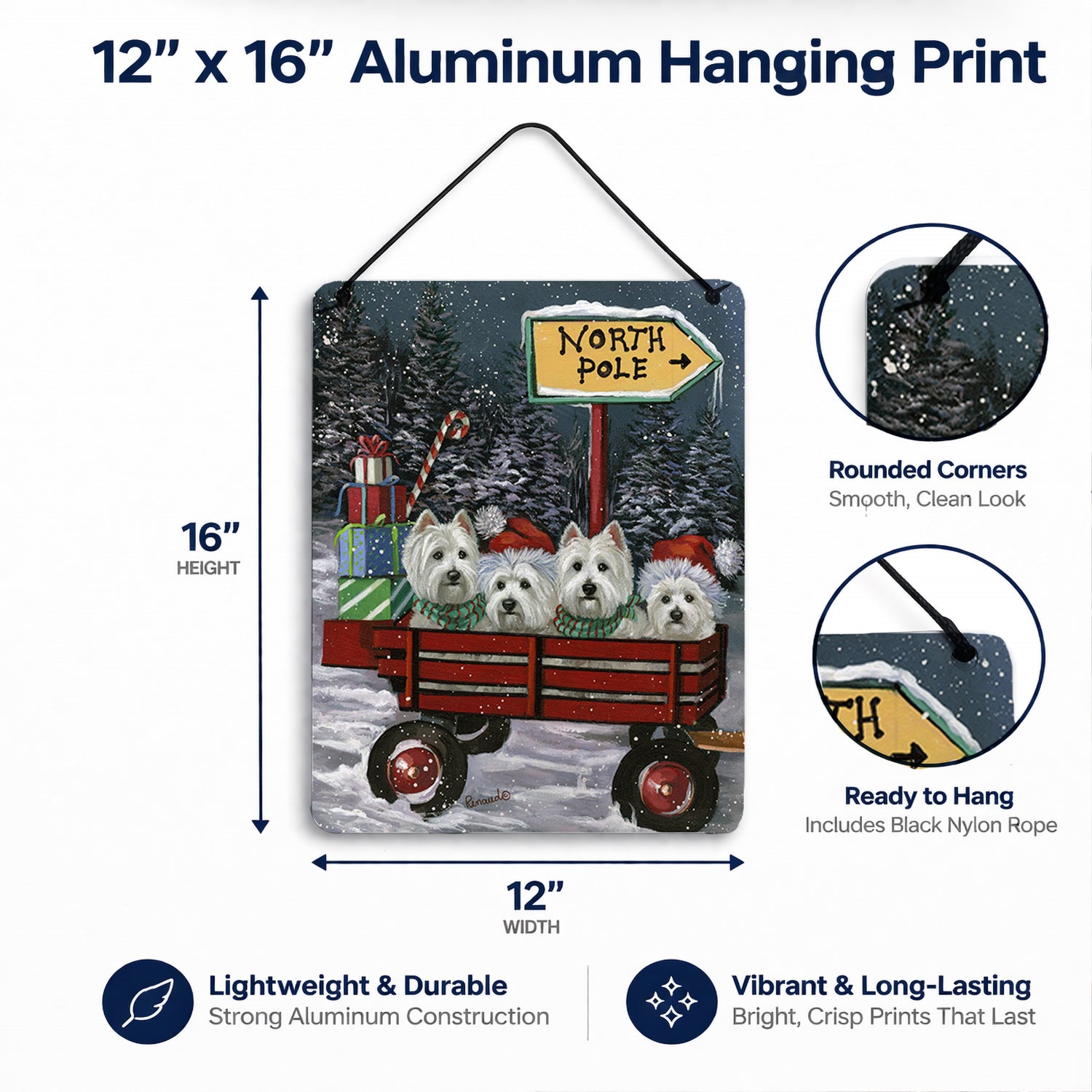Westie Christmas Red Wagon Wall or Door Hanging Prints Aluminum Metal Sign Kitchen Wall Bar Bathroom Plaque Home Decor Front Door Plaque, 12x16, Multicolor