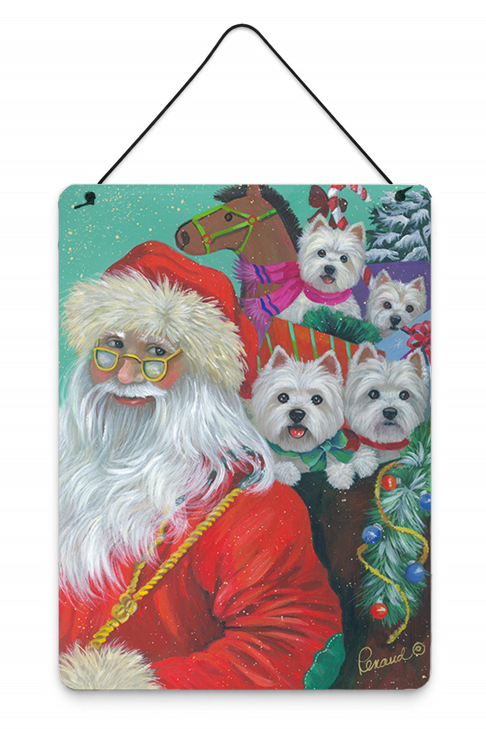 Westie Christmas Santa's Westies Wall or Door Hanging Prints Aluminum Metal Sign Kitchen Wall Bar Bathroom Plaque Home Decor Front Door Plaque, 12x16, Multicolor
